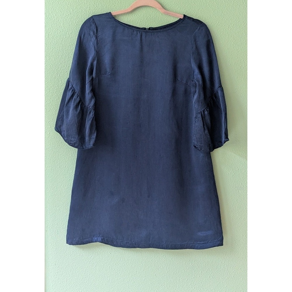 Navy Blue Silk Bell Sleeve Shift Mini Dress Ruffle 3/4 Sleeve Boat Neck